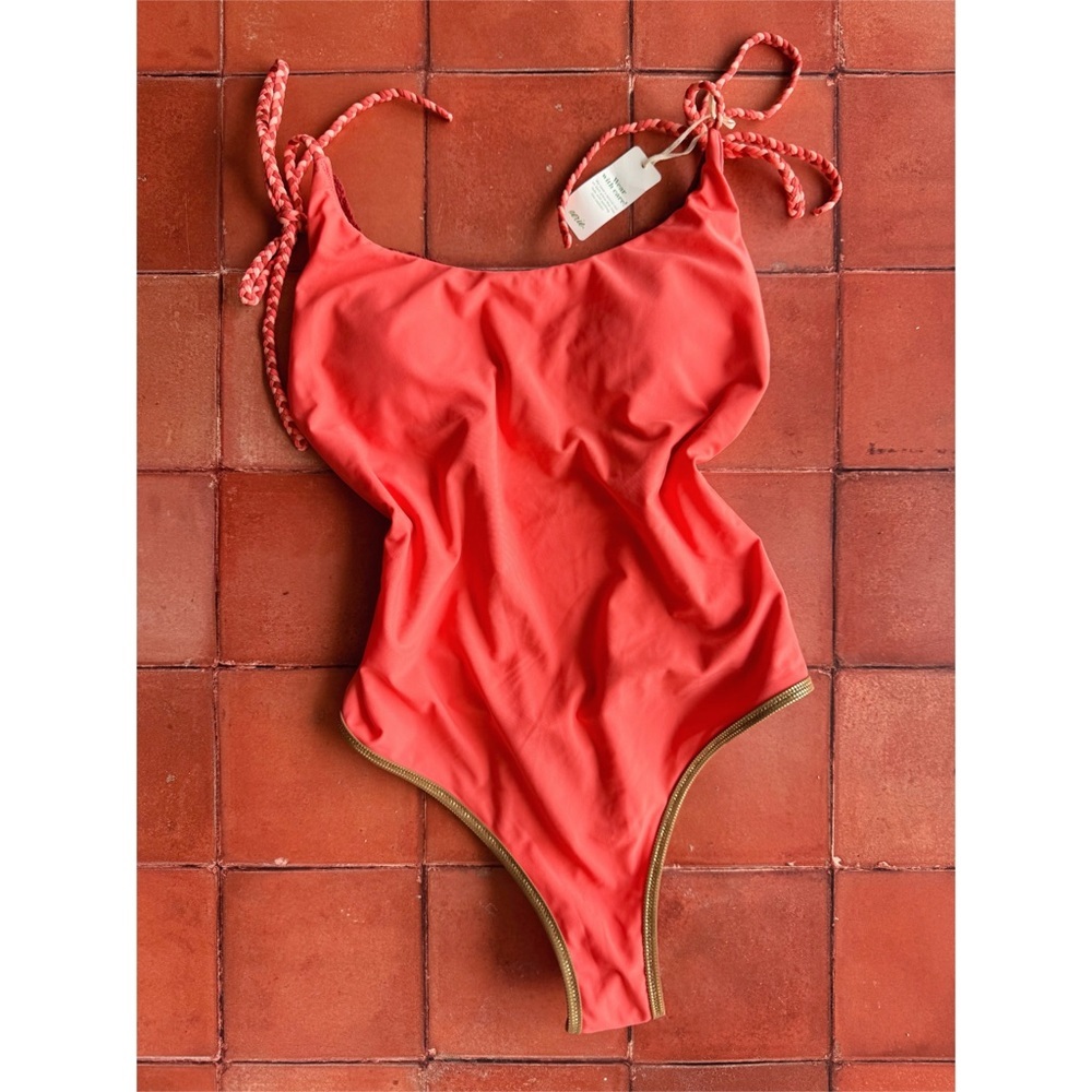 aerie Coral Red One-Piece Swimsuit with Braided Ties